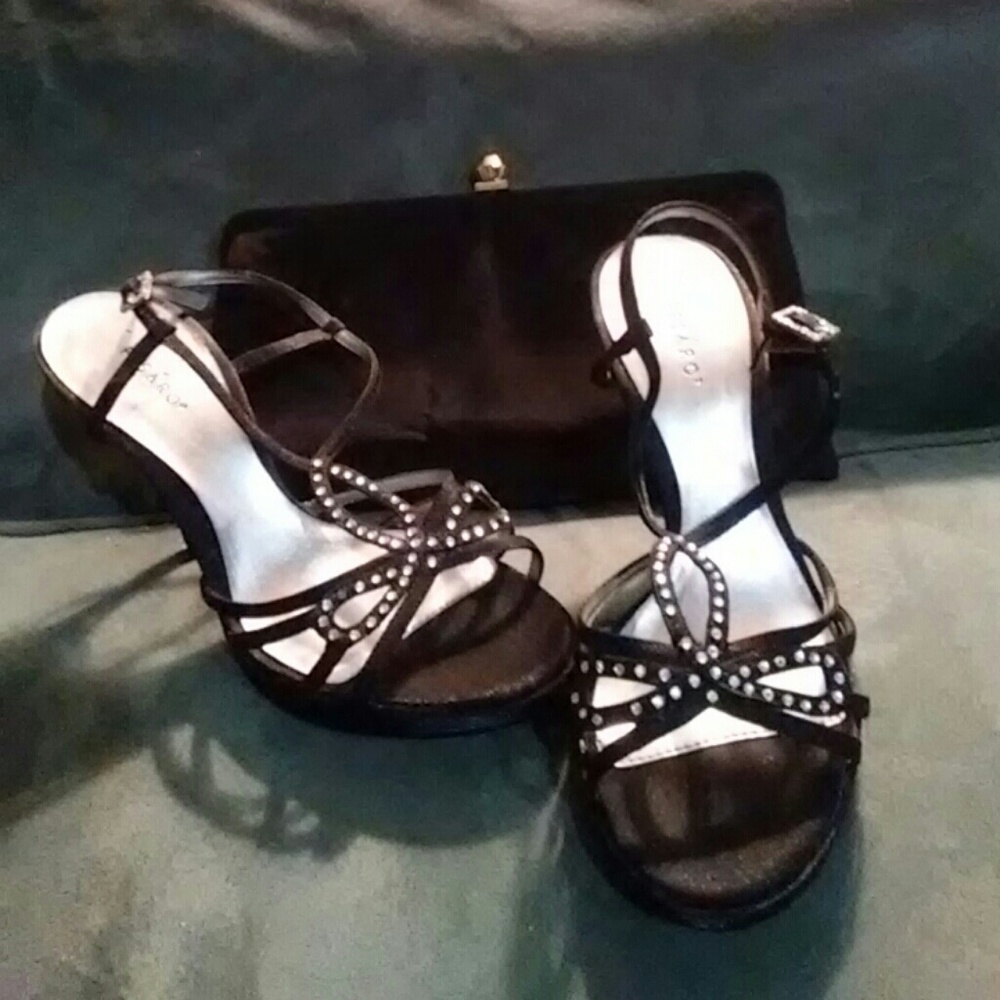 Black satin rhinestone heels